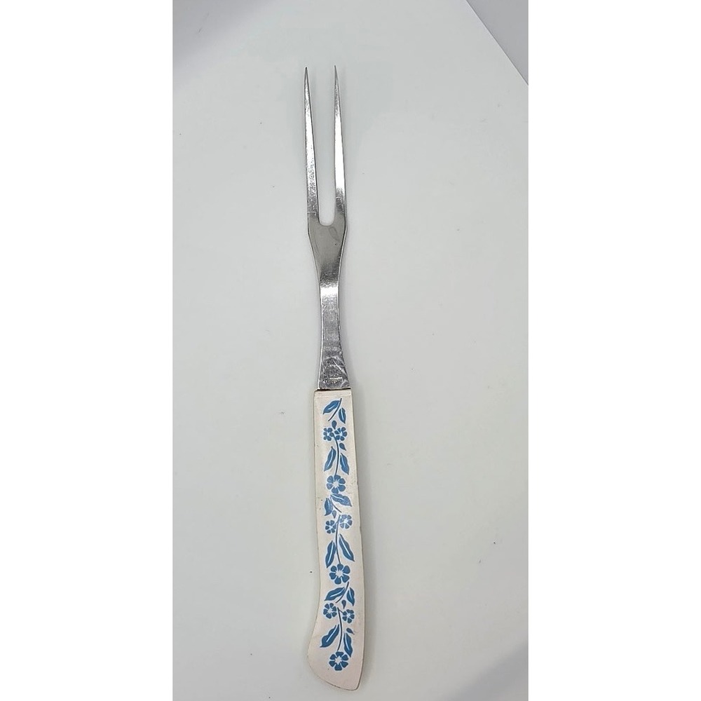 Vintage Household Japan Surgical Stainless Steel Meat Fork Blue Floral White